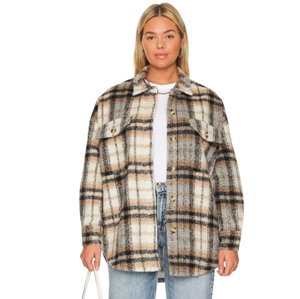 Good American plaid neutral oversized shacket size L/XL - Picture 2 of 9